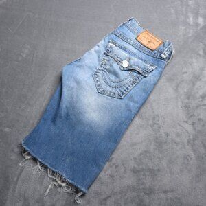 True Religion Mens Geno Relaxed Slim Cutoff Jean Shorts 33 Stonewashed Imperfect